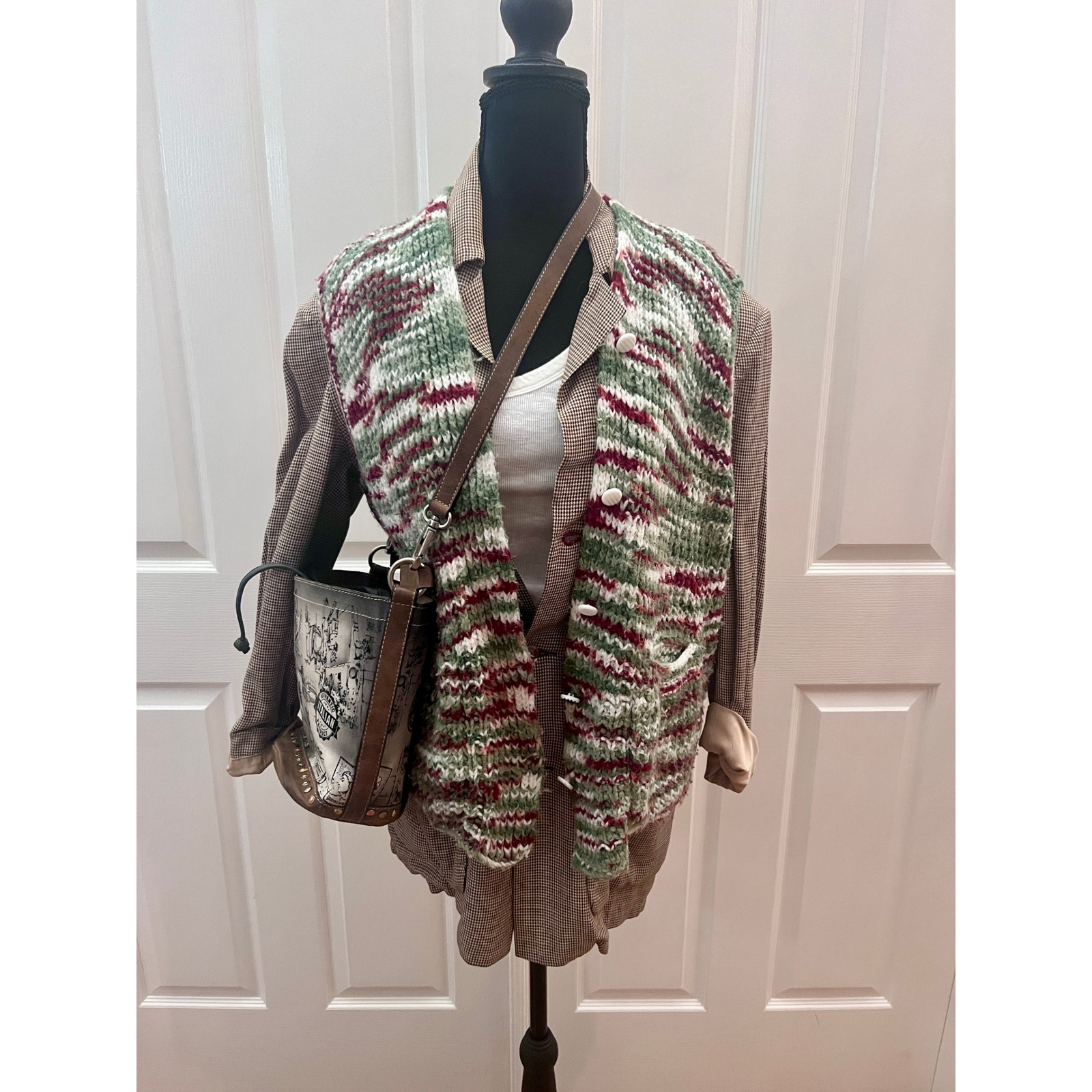 Handmade Knit Sweater Vest Womens M L Green Multi Vintage Cottagecore Pockets Ex